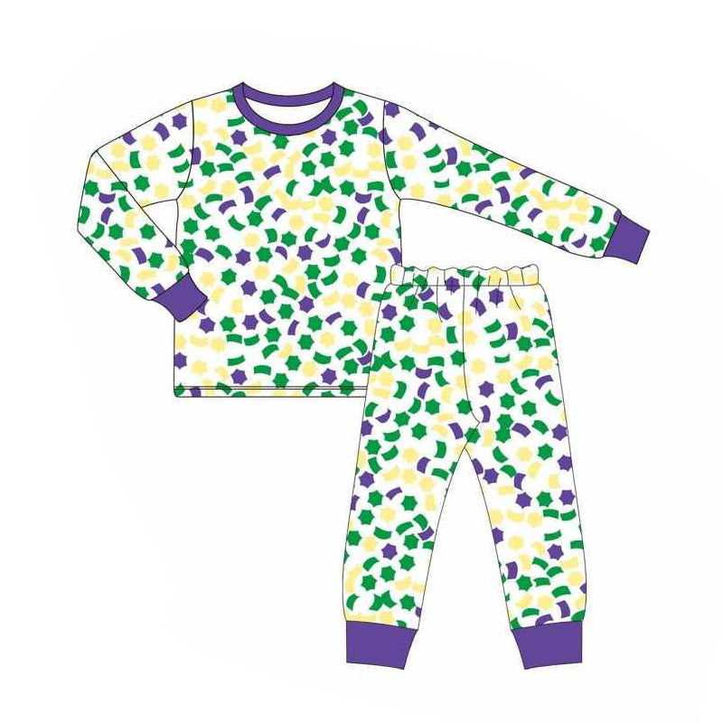 Long sleeves purple yellow green kids boys Mardi Gras pajamas