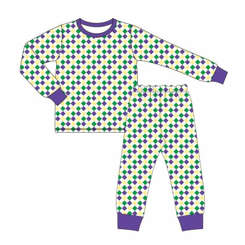 Long sleeves purple yellow green plaid kids Mardi Gras pajamas