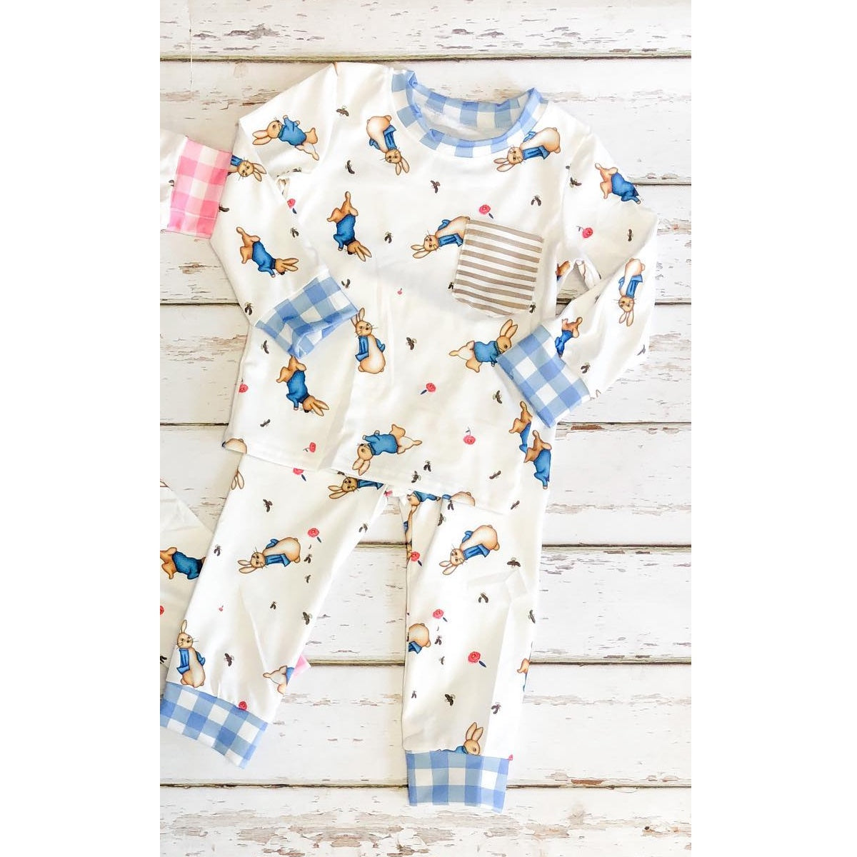 Light blue plaid pocket rabbit baby boy Easter pajamas