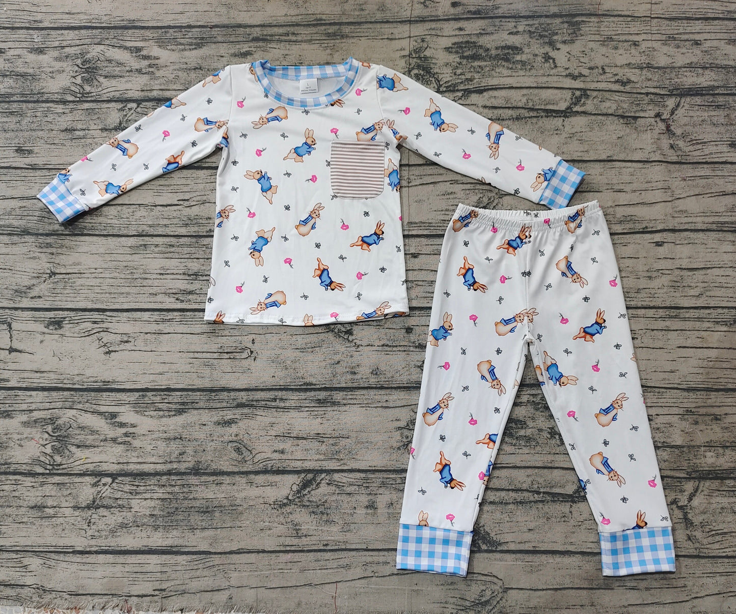 Light blue plaid pocket rabbit baby boy Easter pajamas