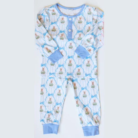 Long sleeves light blue rabbit baby kids Easter pajamas