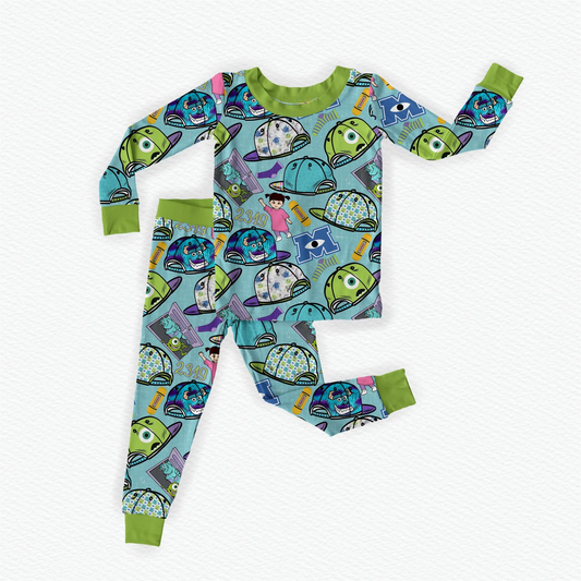 Green long sleeves monster hat kids boys pajamas