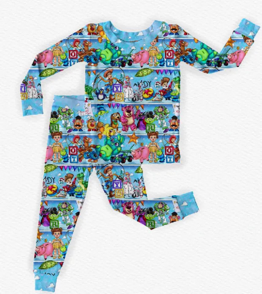 Light blue long sleeves pig bear toy kids boys pajamas