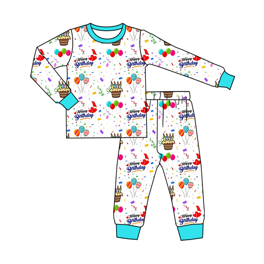 Long sleeves light blue Happy Birthday kids boys pajamas