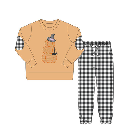 Pumpkin spider top black plaid pants kids Halloween set