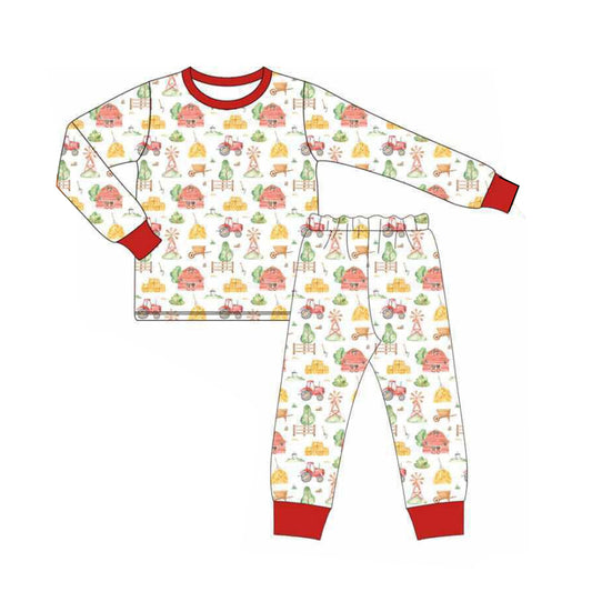 Red long sleeves tractor top pants boys farm pajamas