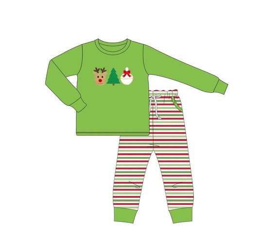 Green deer Christmas tree top stripe pants boys outfits
