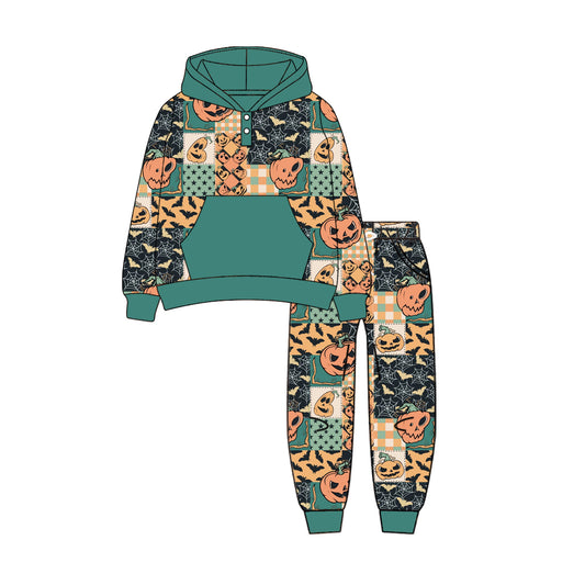 Long sleeves pumpkin bat patchwork boys Halloween hoodie set