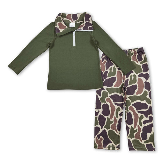 Long sleeves zip pullover green camo pants boys hunting clothes