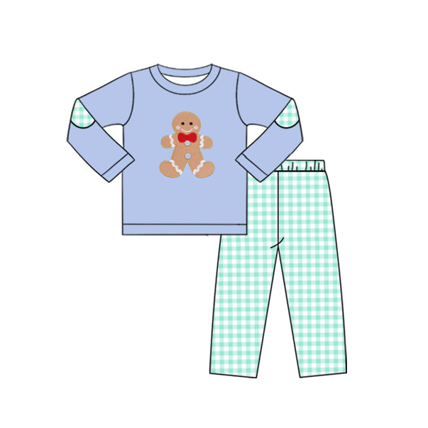 Long sleeves gingerbread top plaid pants boys Christmas set
