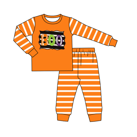 Long sleeves orange stripe boo kids boys Halloween pajamas