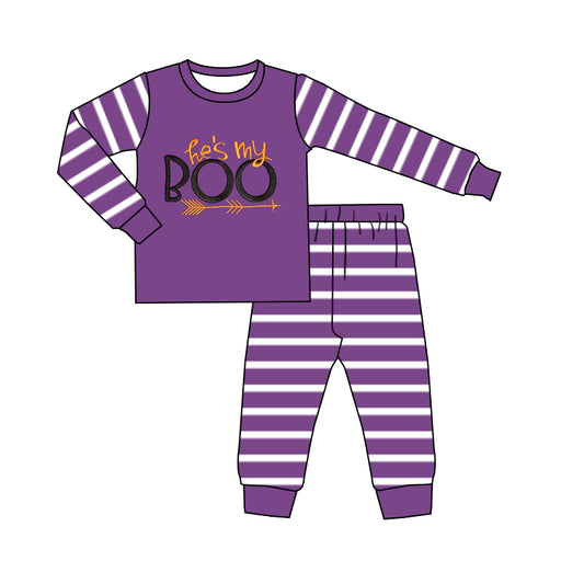Long sleeves purple stripe he is my boo boys Halloween pajamas