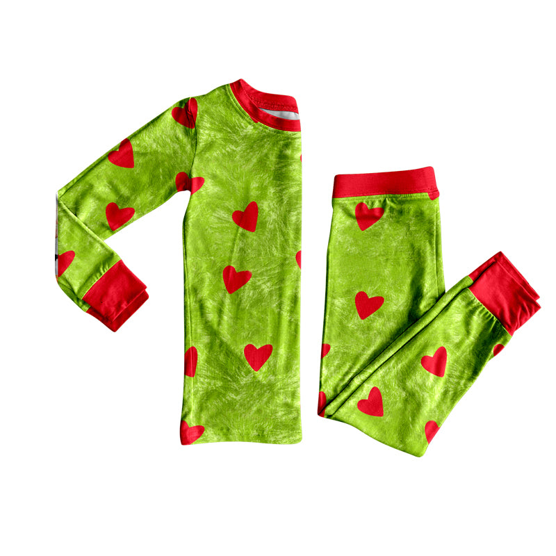 Long sleeves green face heart baby kids Christmas pajamas