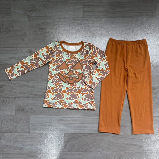 Long sleeves camo pumpkin embroidery boys Halloween outfit