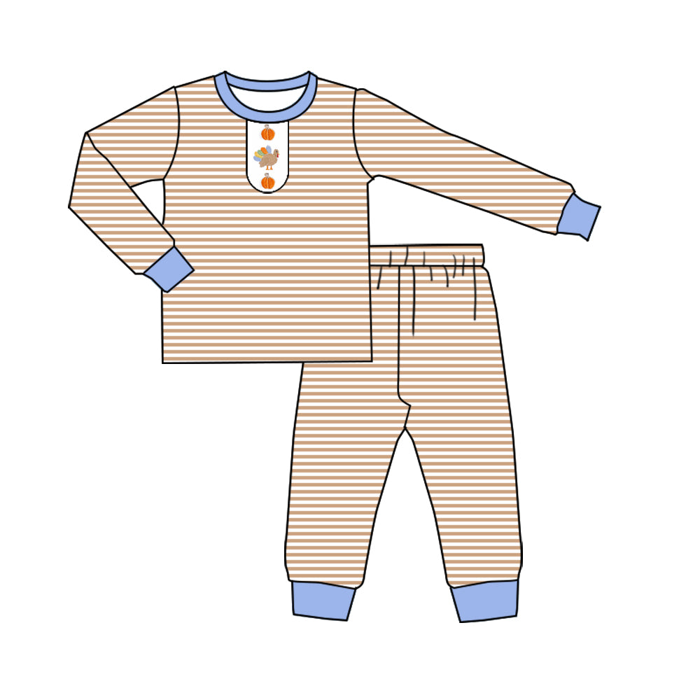 Long sleeves stripe turkey pumpkin boys Thanksgiving pajamas