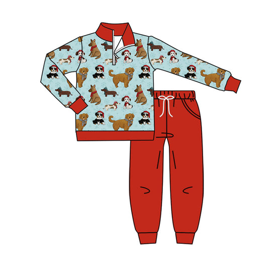 Long sleeves dog zip pullover red pants kids clothing