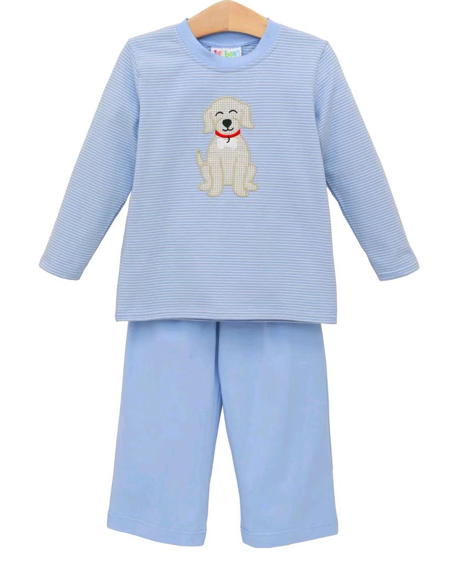 Light blue stripe dog top pants boys clothing set