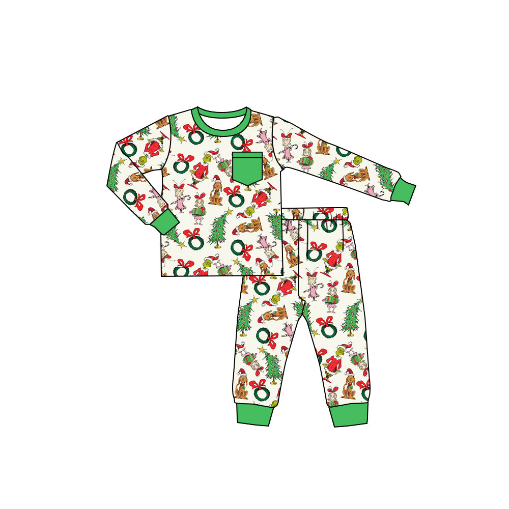 Long sleeves green face Christmas tree boys pajamas