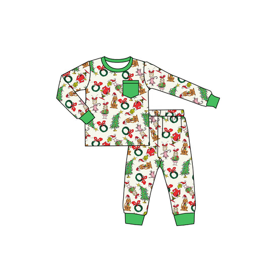 Long sleeves green face Christmas tree boys pajamas