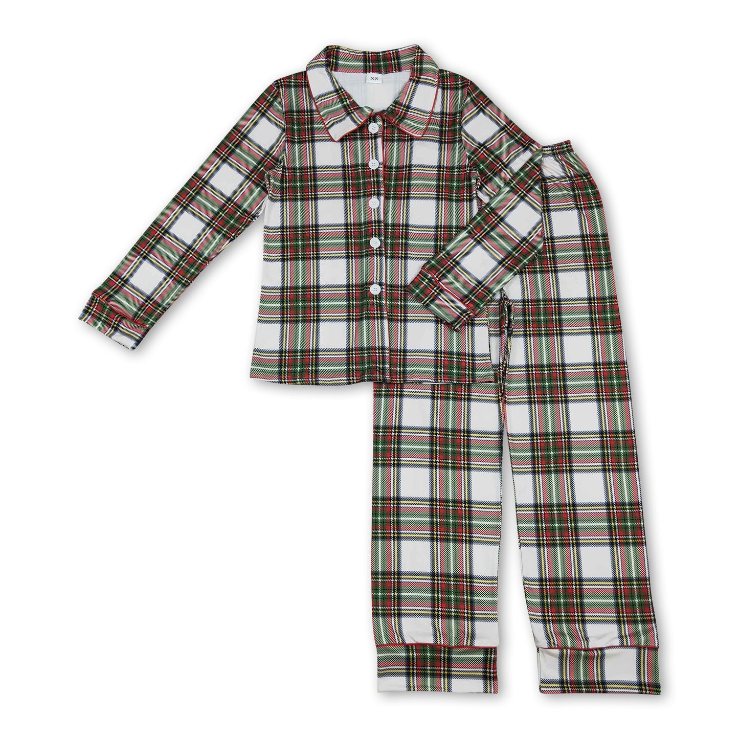 Red green plaid men button down Christmas pajamas