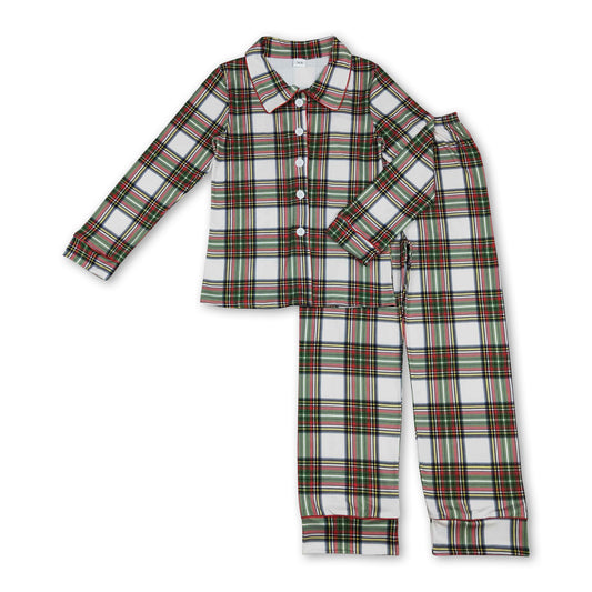 Red green plaid men button down Christmas pajamas