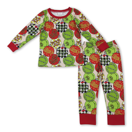 Long sleeves green face ornaments kids Christmas pajamas