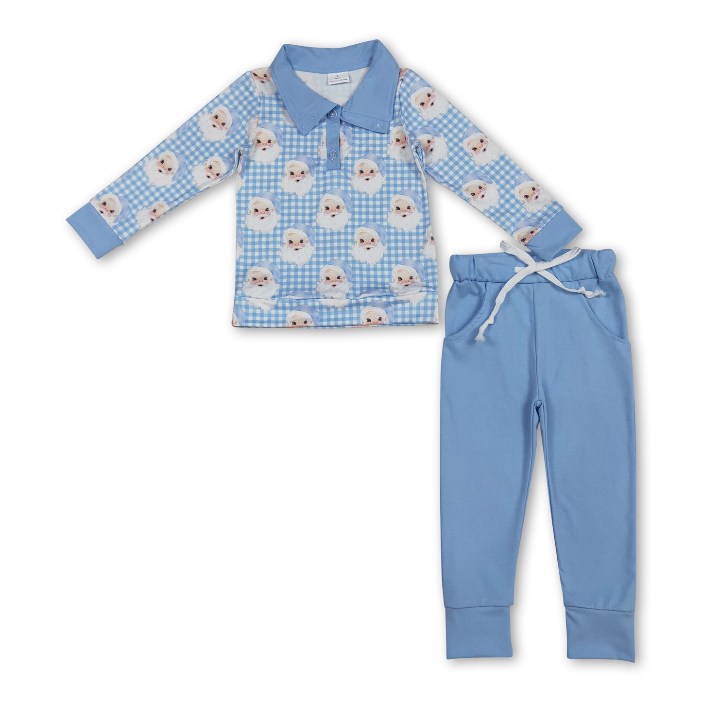 Blue plaid santa pullover pants boys Christmas outfits