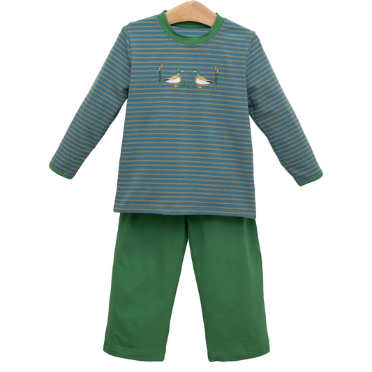 Long sleeves green stripe duck embroidery kids boys set