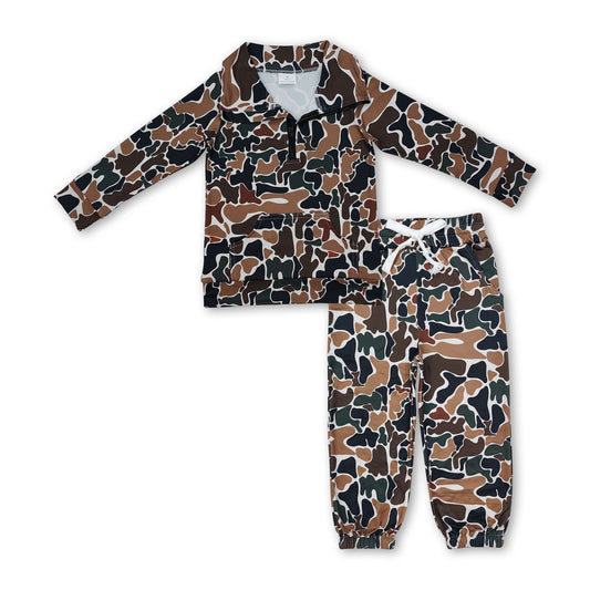 Brown camo pocket zipper pullover pants kids boys clothing set