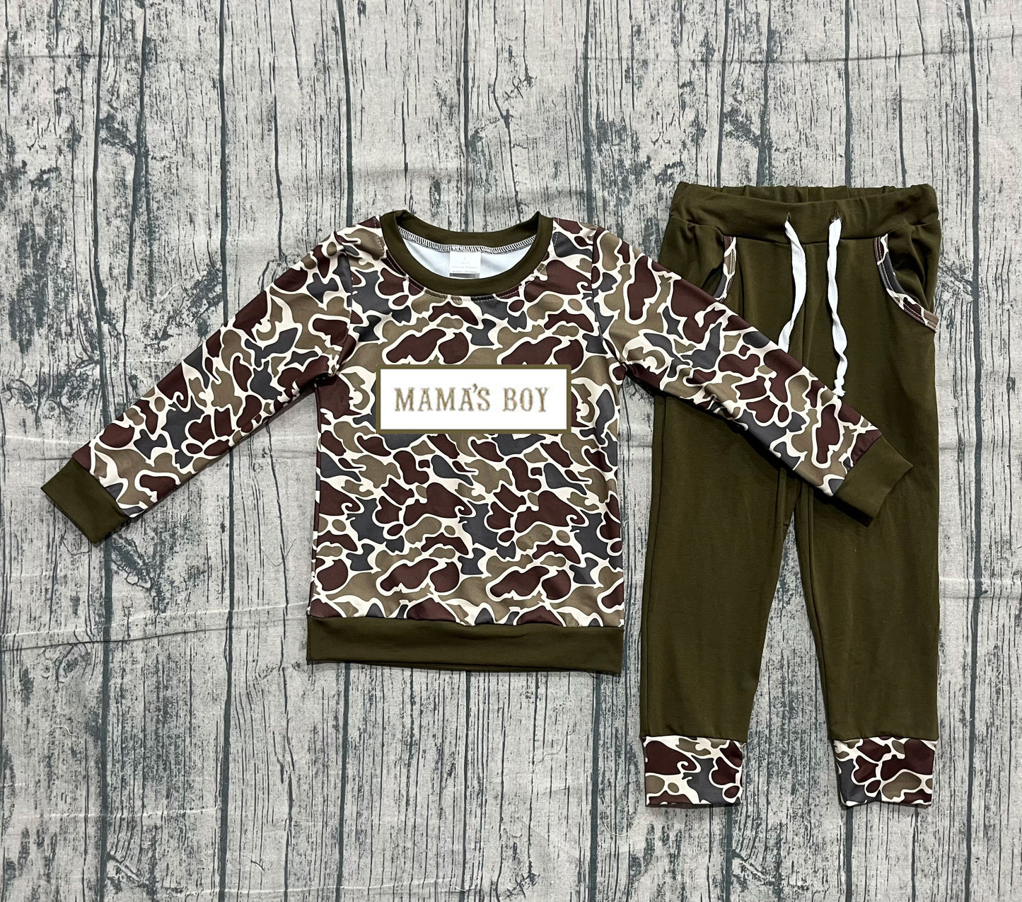 Mama's boy camo top olive pants children outfits