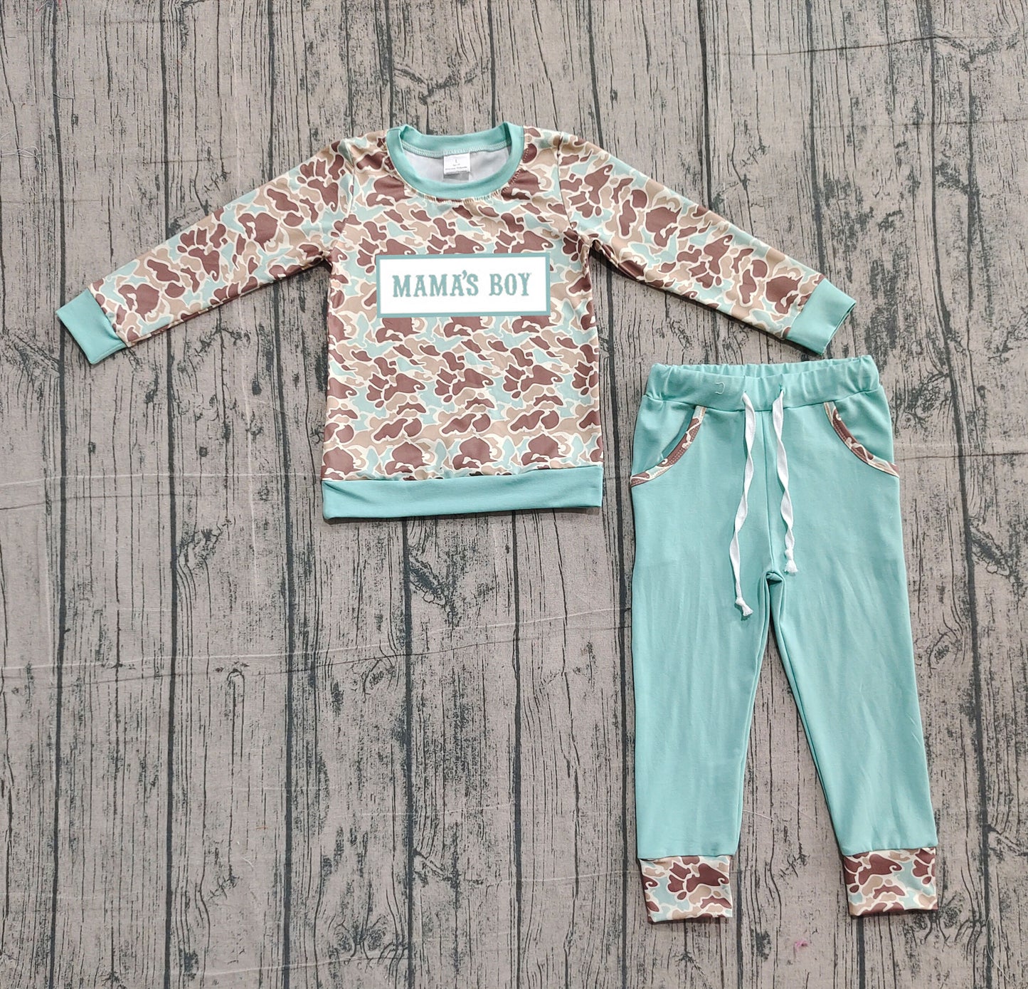 Mama's boy mint camo top pocket pants children outfits