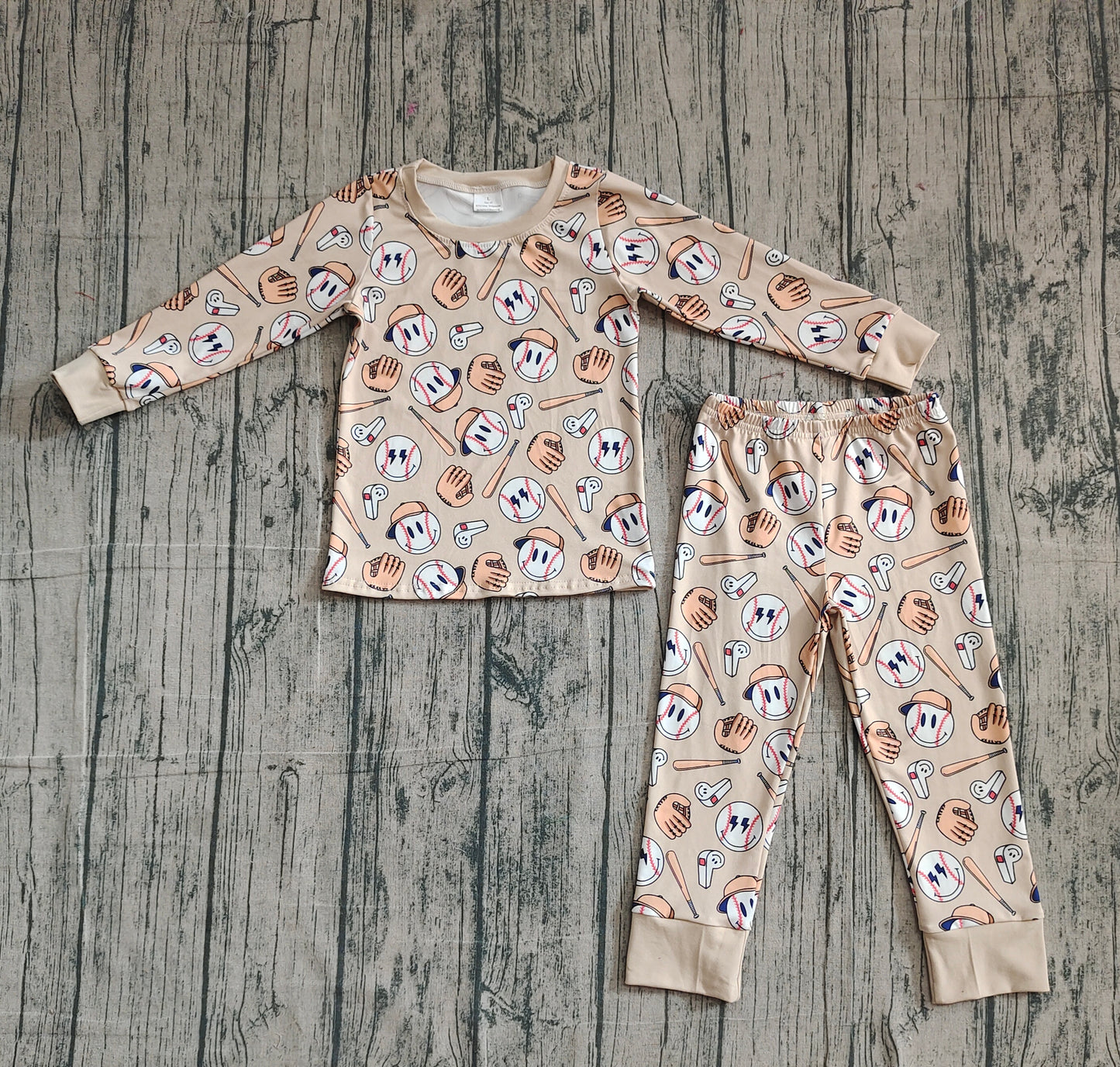 Khaki long sleeves baseball baby kids pajamas set