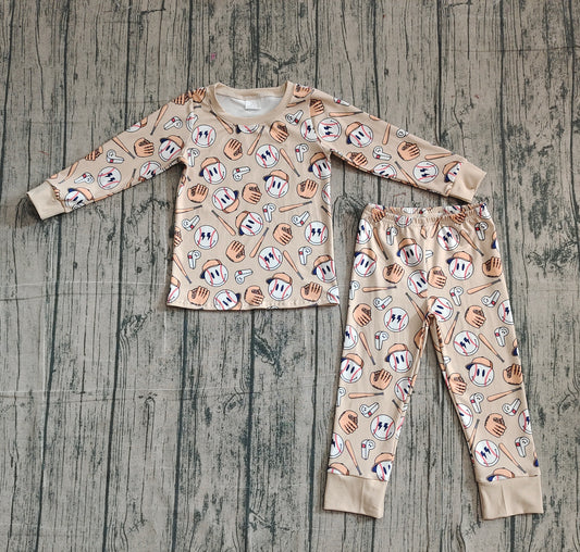 Khaki long sleeves baseball baby kids pajamas set