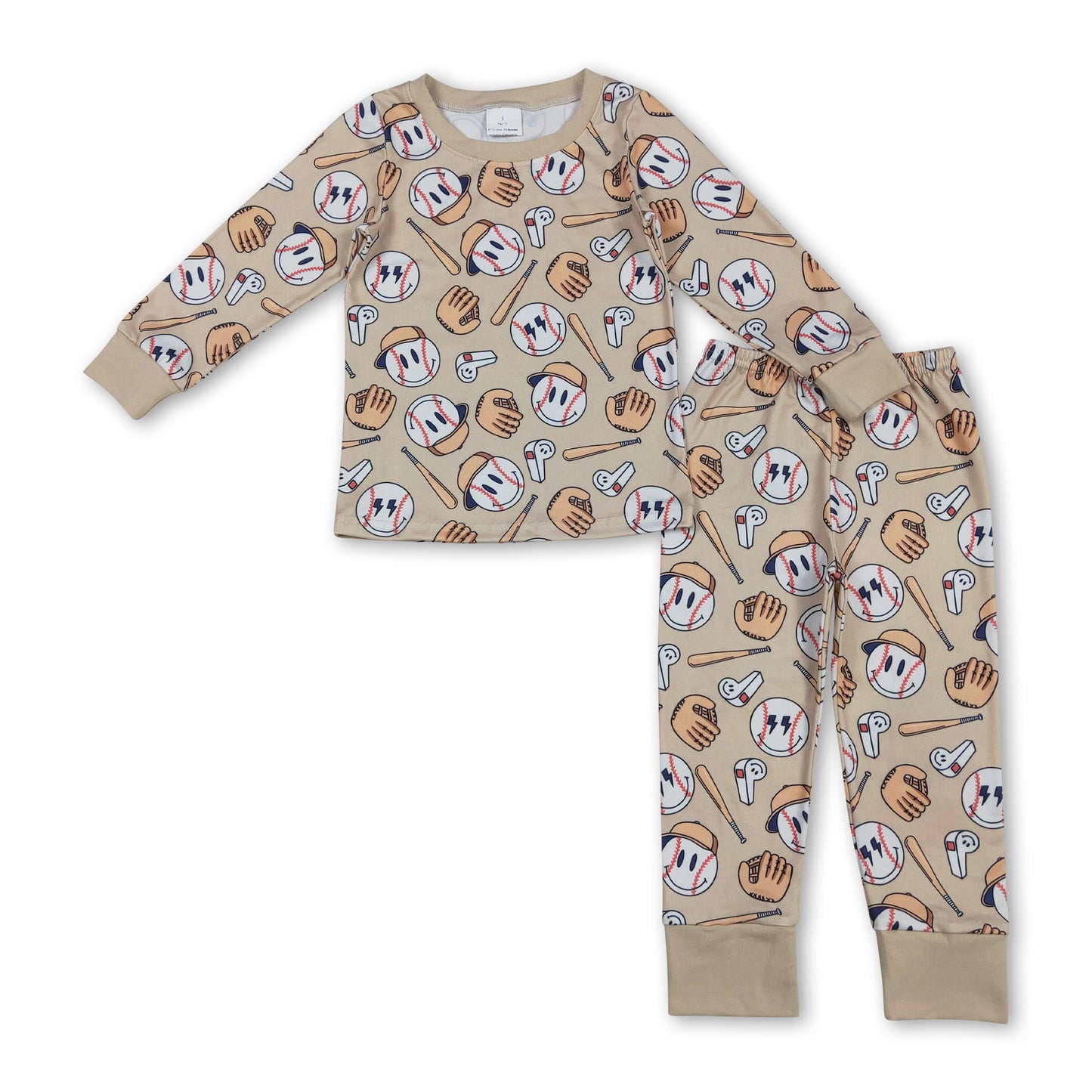 Khaki long sleeves baseball baby kids pajamas set