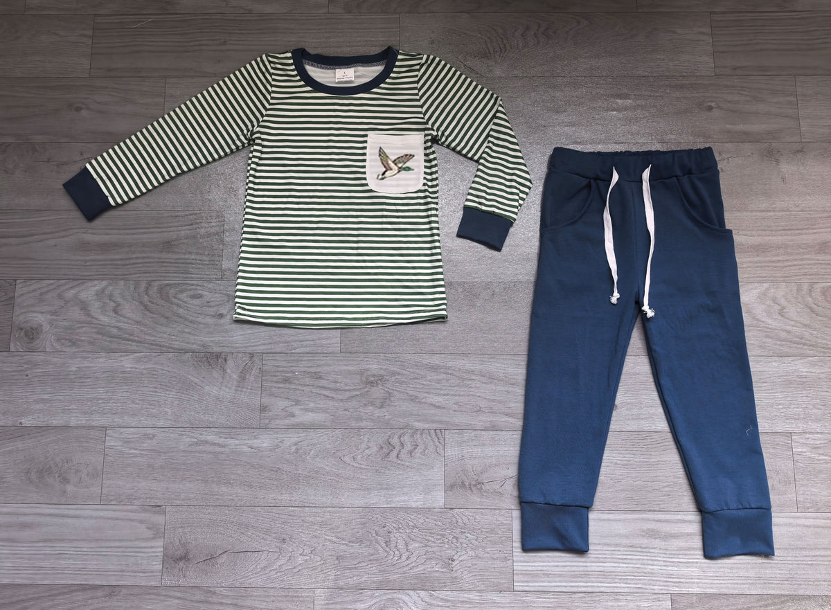 Duck embroidery pocket stripe top pants boys outfits