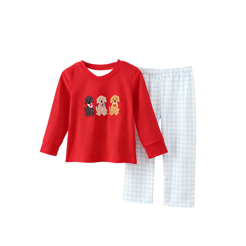 Red dog heart top plaid pants boys Valentine's outfits