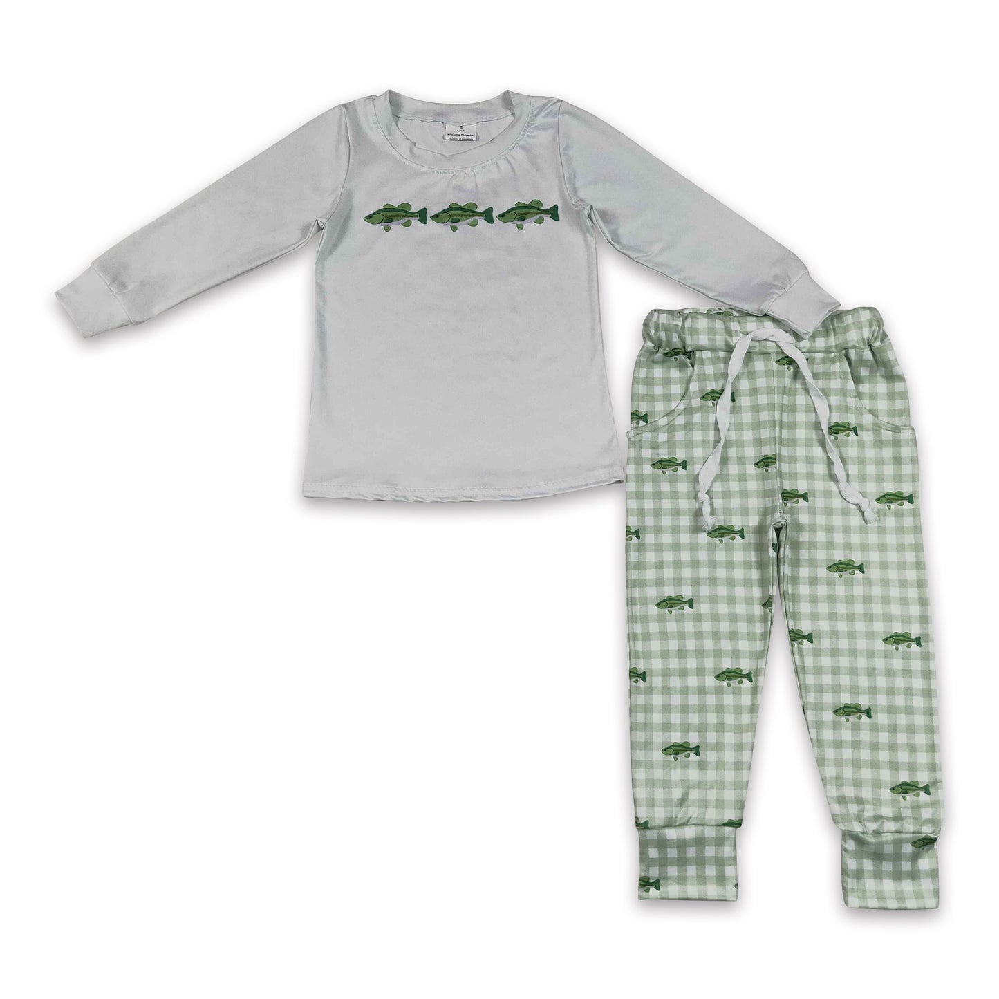 Long sleeves fish top plaid pants kids boys outfits