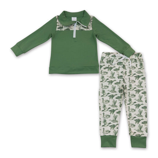 Long sleeves green duck zipper pullover pants boys outfits