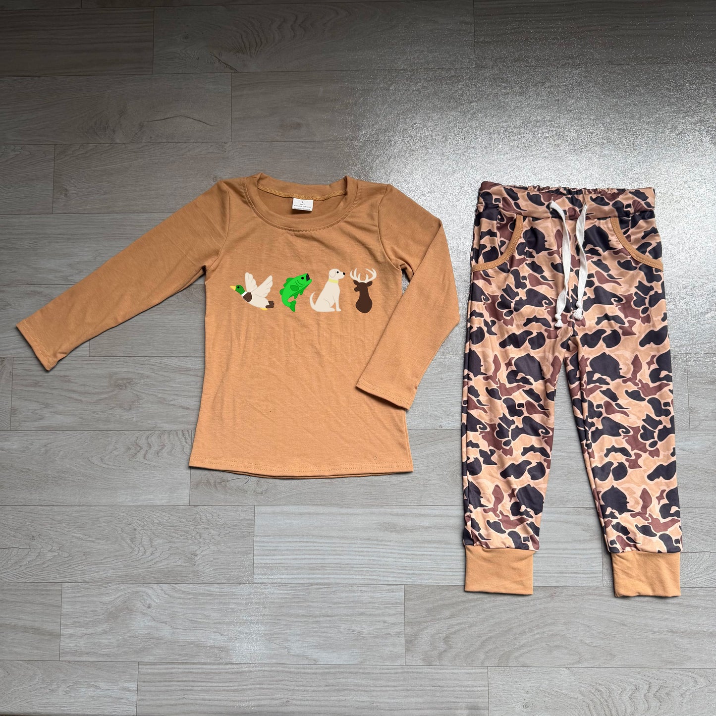 Duck fish dog deer embroidery camo kids boys outfits