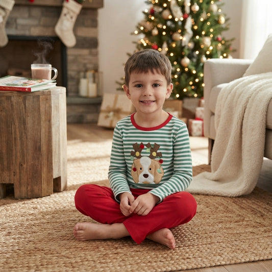 Stripe dog Christmas lighting embroidery boys outfits