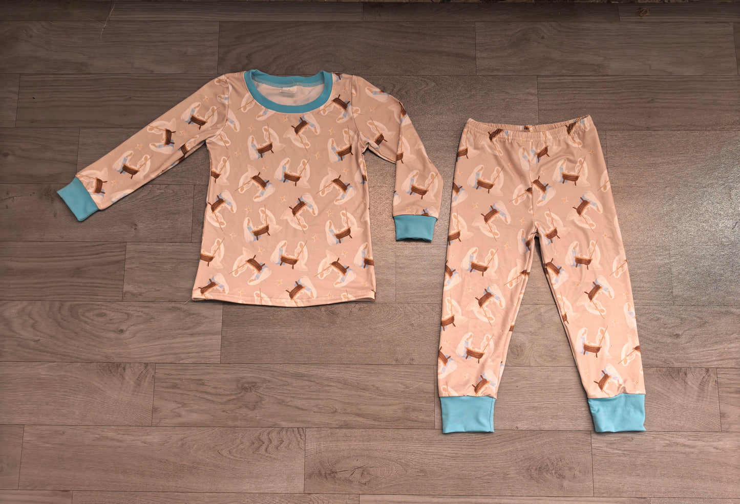 Light blue long sleeves nativity kids boys Christmas pajamas