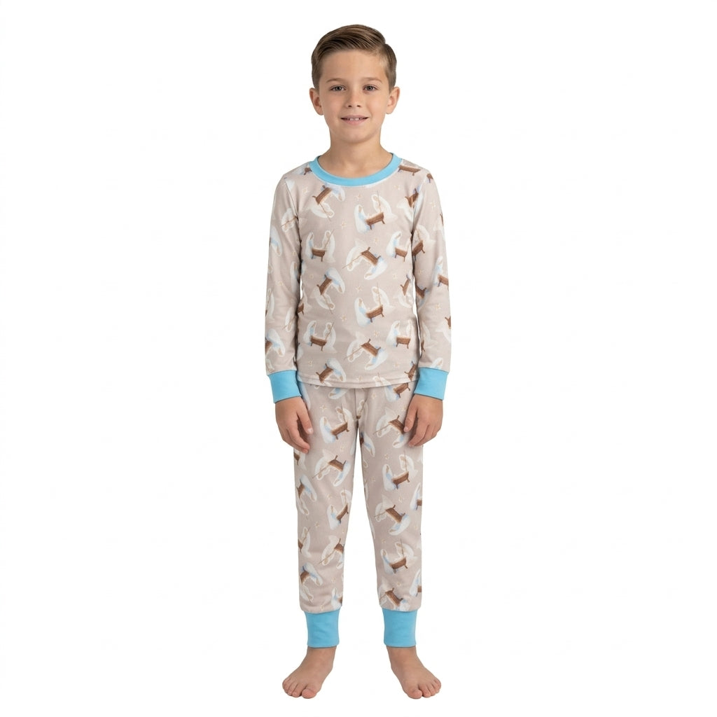 Light blue long sleeves nativity kids boys Christmas pajamas