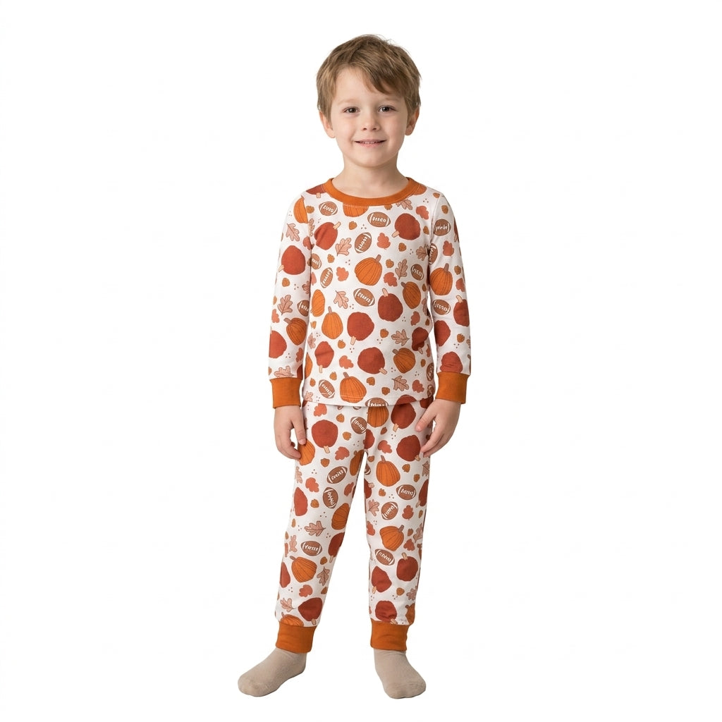 Long sleeves pumpkin football kids pajamas set