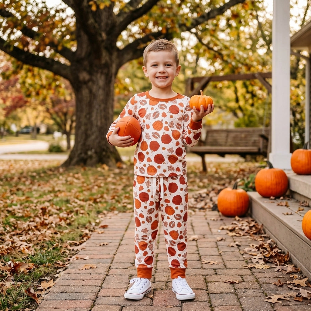 Long sleeves pumpkin football kids pajamas set
