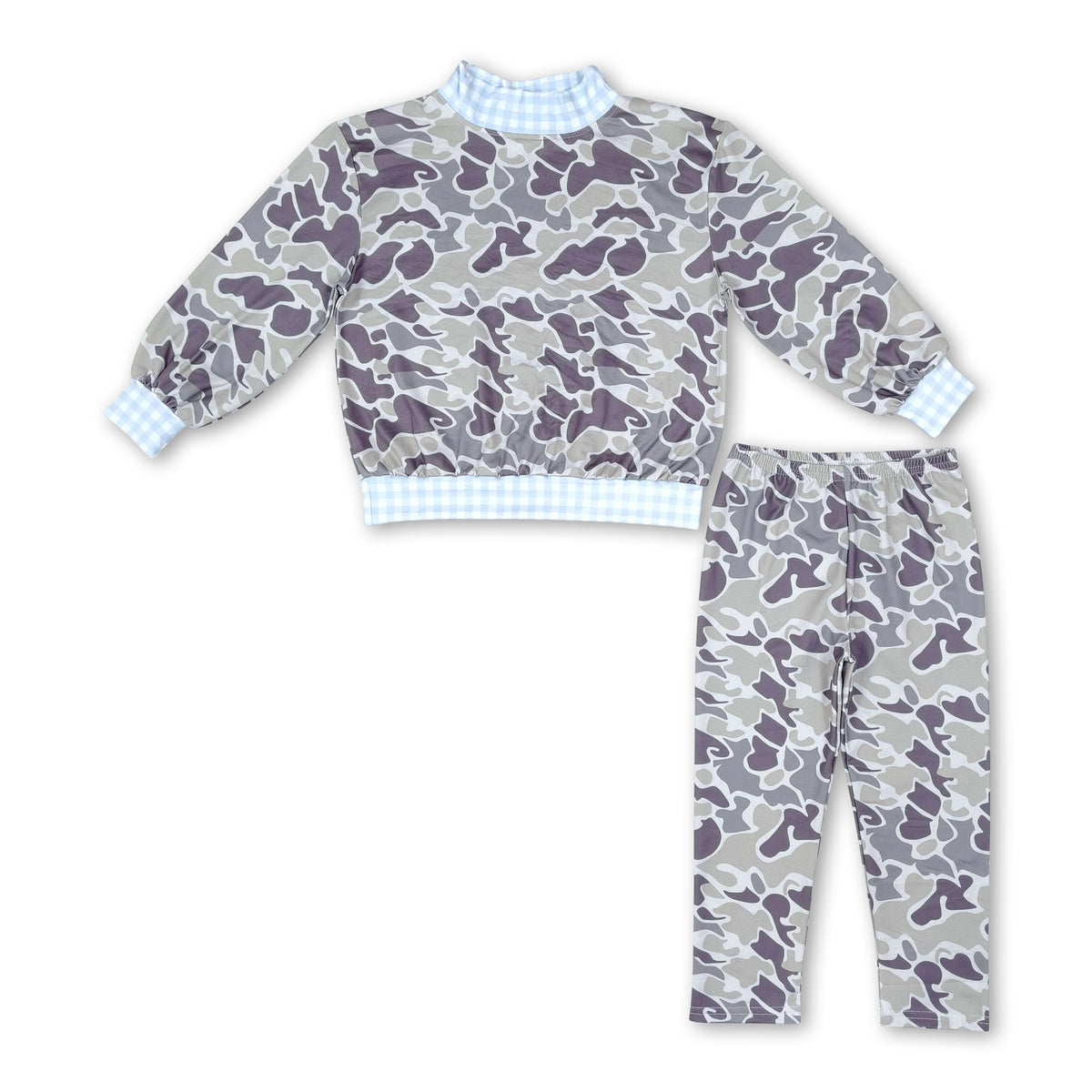 Light blue plaid camo mock neck top pants boys outfits