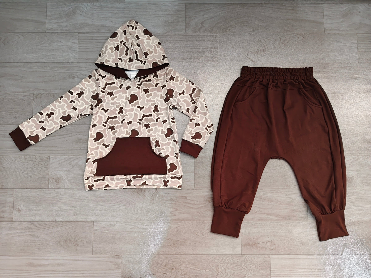 Long sleeves camo hoodie brown pants kids boys clothing