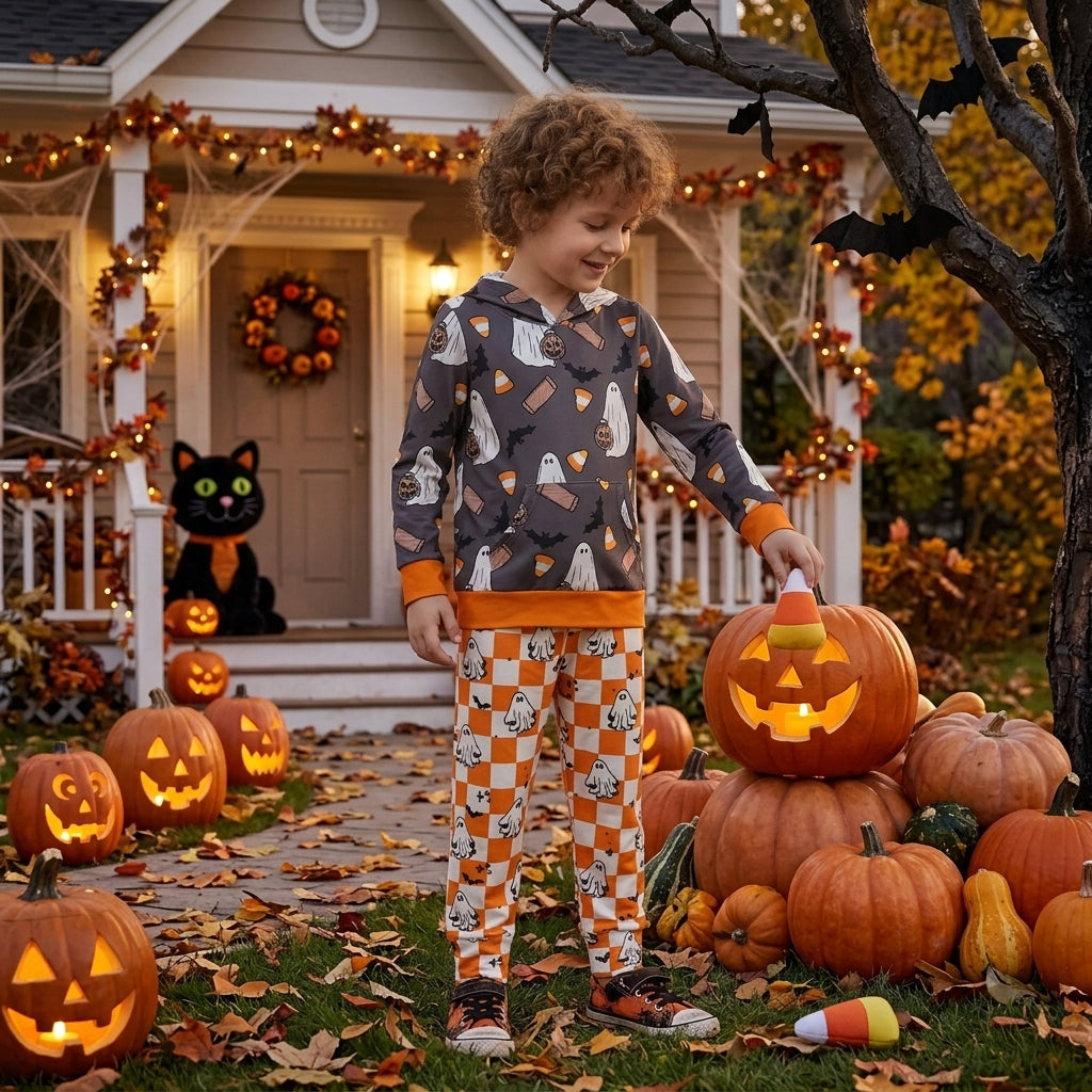 Ghost candy corn hoodie pants boys Halloween set