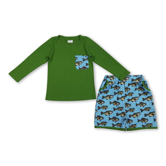 Green long sleeves fish pocket top shorts boys clothes