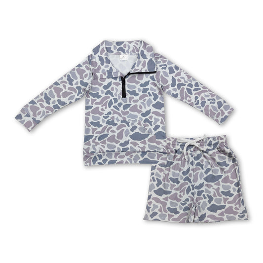 Grey camo pocket zipper pullover shorts kids boys outfits