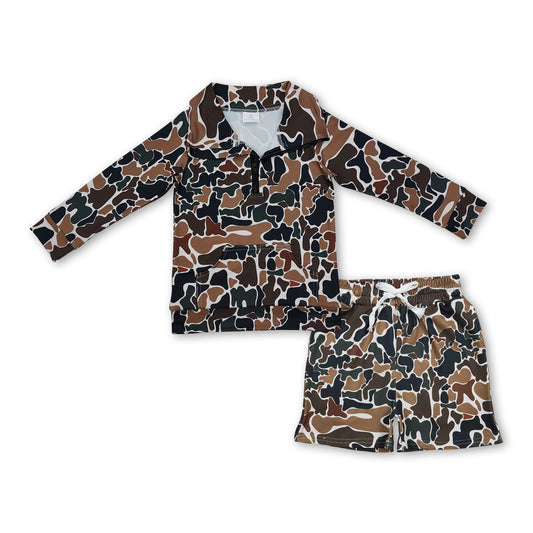 Brown camo pocket zipper pullover shorts kids boys outfits